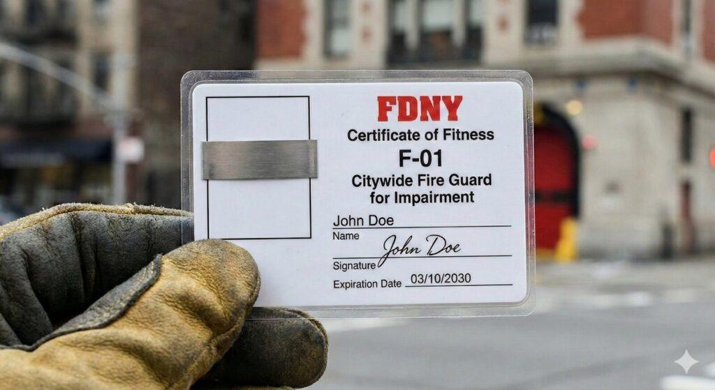 A gloved hand holds up a sample FDNY F-01 Fire Guard Certificate of Fitness card with an expiration date of 2030.