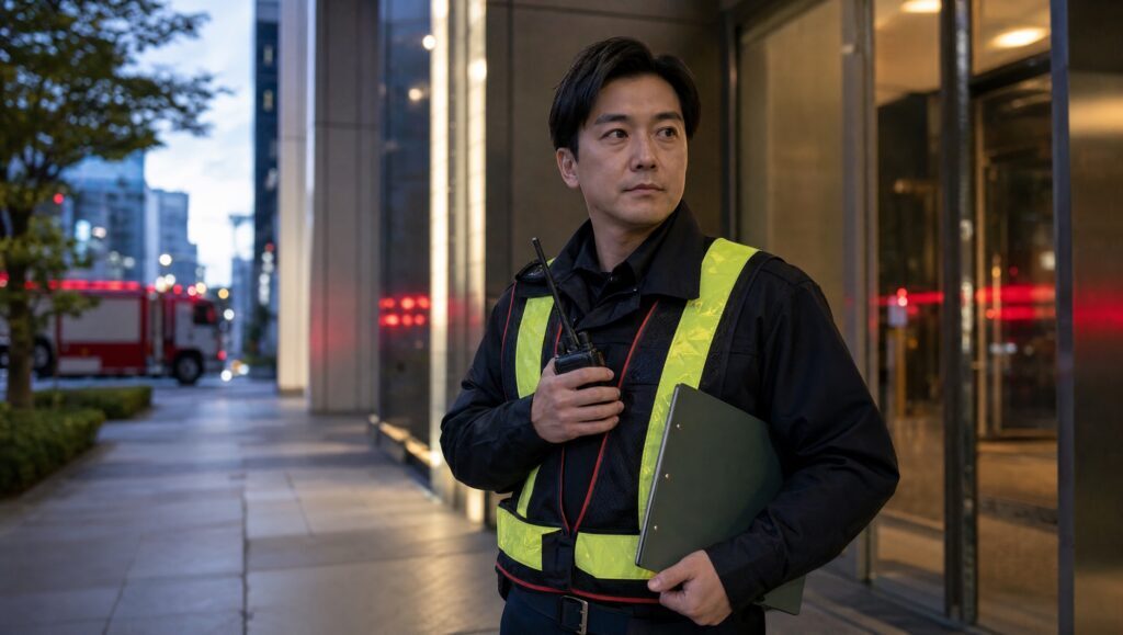Fire watch guard in a high-visibility vest at a commercial building entrance at dusk