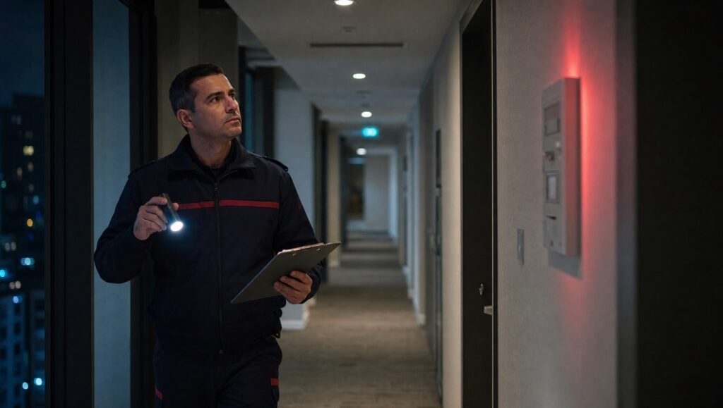 Fire watch guard on a night patrol inside an apartment building corridor