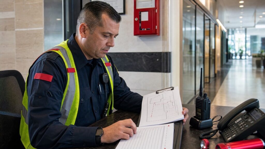 Fire watch procedure document with route map, contact list, and blank patrol log on a clipboard