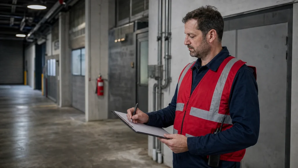 A uniformed fire watch guard in a red reflective vest records a patrol round on a clipboard inside a commercial service corridor.