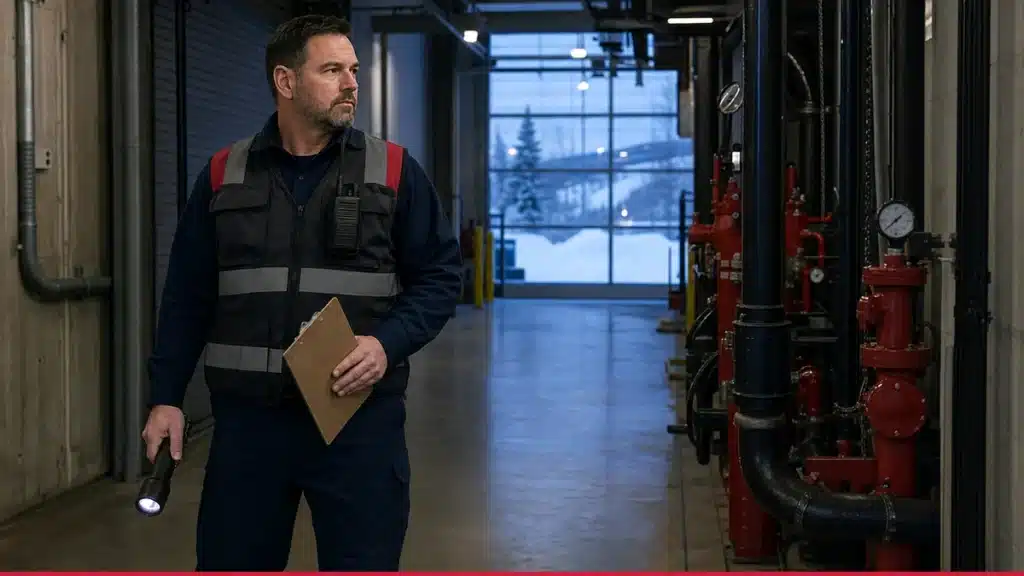 Fire watch guard inspecting a sprinkler impairment panel at an Alaska property
