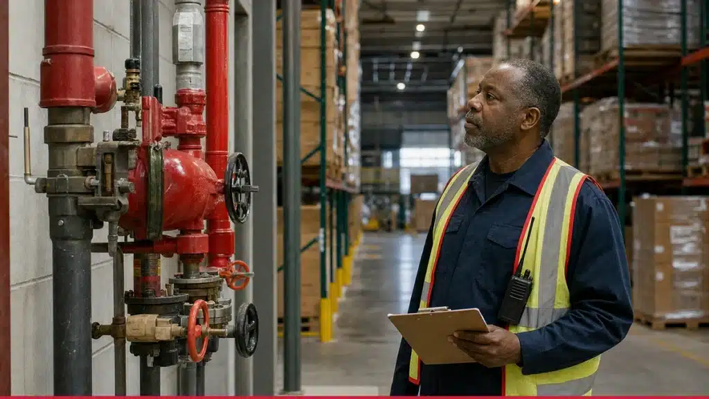 Fire watch guard inspecting an Arkansas commercial property during a fire protection system impairment