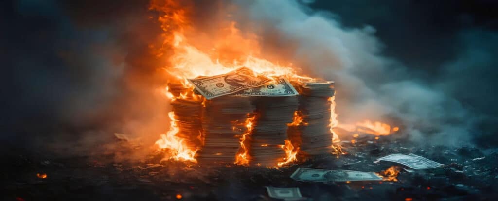 pile of dollars on fire