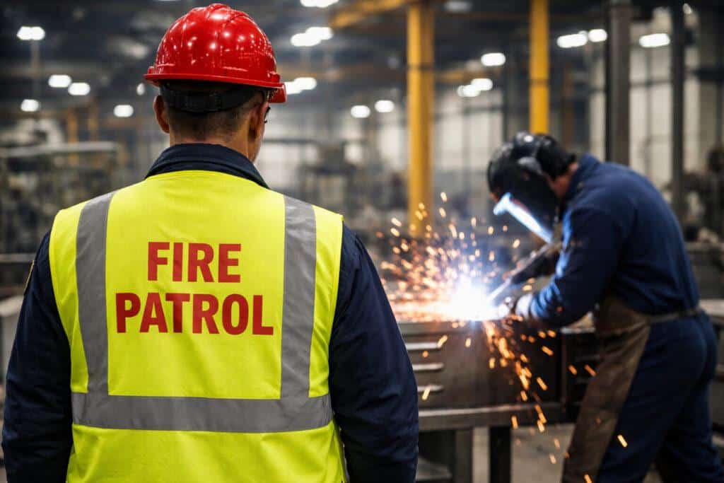 A fire patrol professional watches over a welder doing hot work