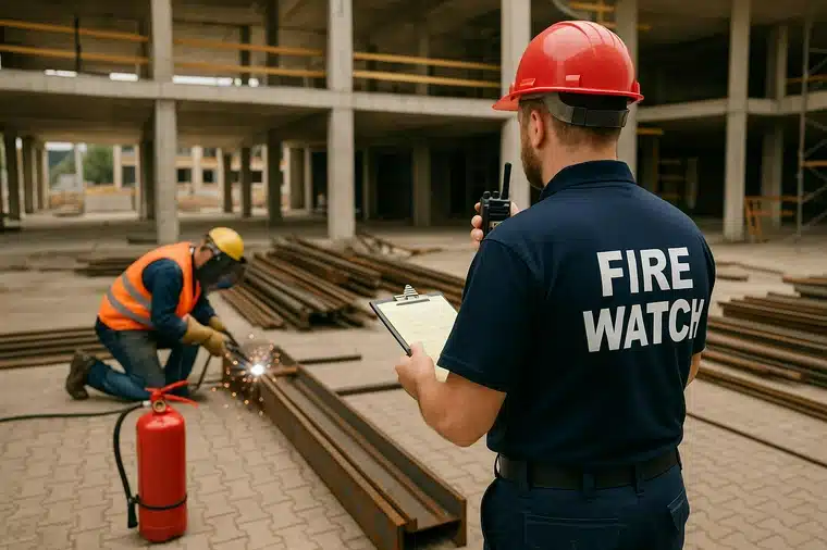 A fire watch guard in full safety gear monitors a welder performing hot work in an industrial setting.