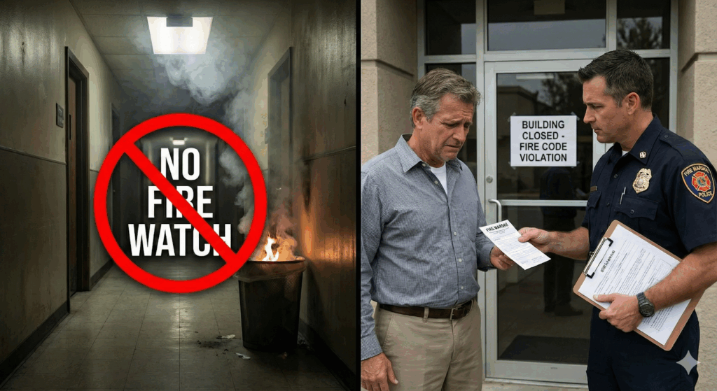 Building cited for fire code violation after no fire watch during an alarm system failure.