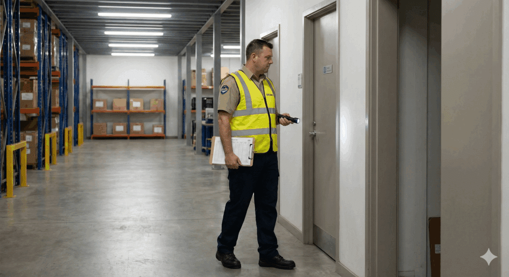 Fire watch guard shining a flashlight into a dark room during a patrol.