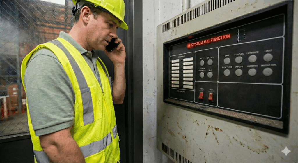 Technician on the phone next to a malfunctioning fire alarm panel.