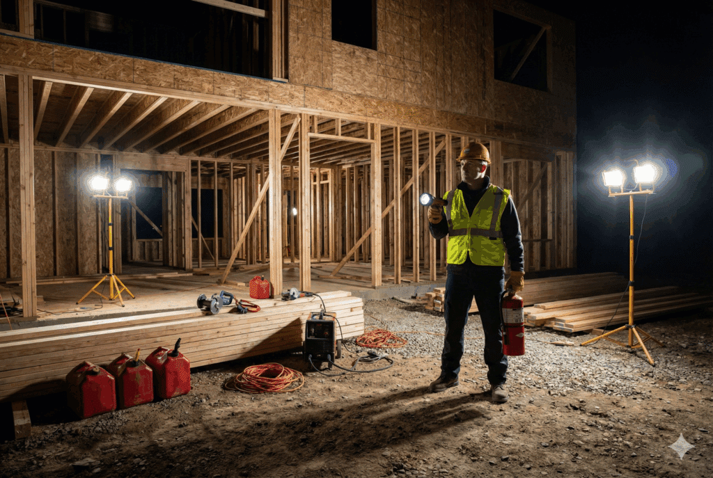 Fire watch guard inspecting a construction site at night with a flashlight and fire extinguisher, surrounded by fuel cans, tools, and exposed framing.