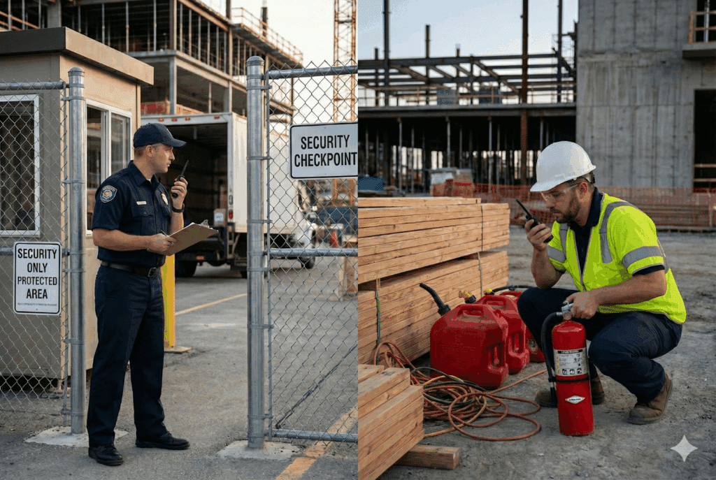 Side-by-side comparison of a security guard at a site checkpoint and a fire watch guard inspecting flammable materials on a construction site.