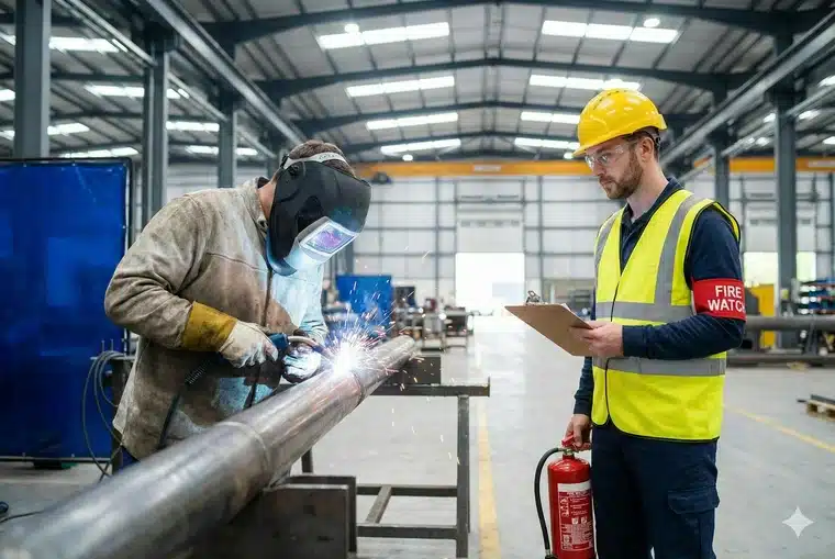 A designated fire watch guard monitoring a hot work welding operation in an industrial setting to ensure OSHA safety compliance and prevent fire hazards.