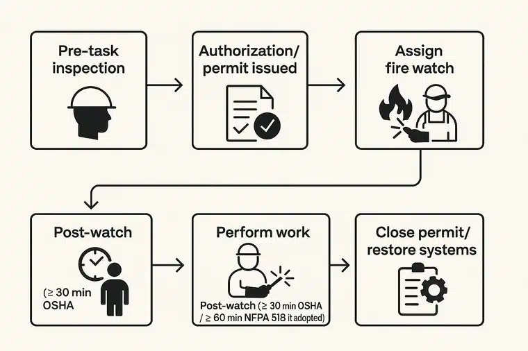 A 2D digital flowchart showing the step-by-step hot work safety process from inspection to post-watch completion.