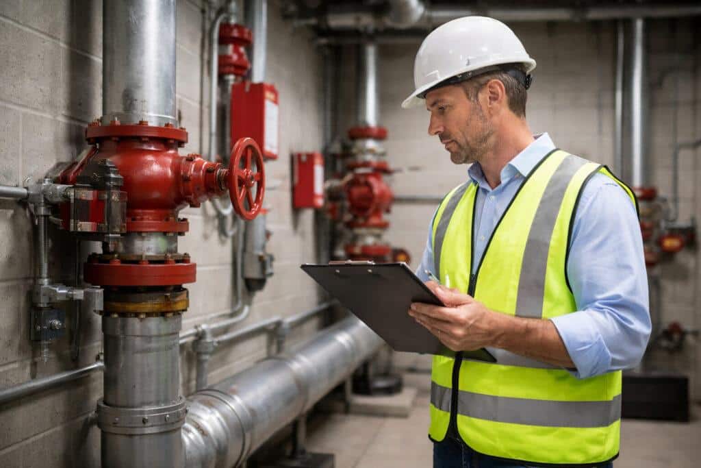 Facility manager reviewing sprinkler system impairment documentation in a commercial riser room