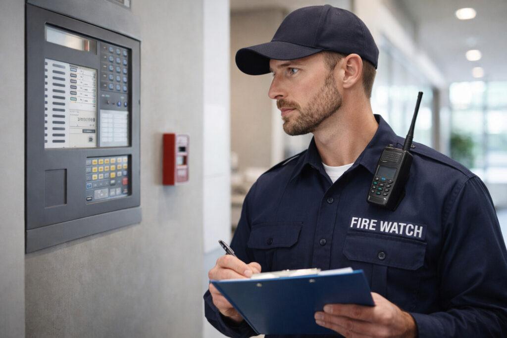 Fire watch guard inspecting a fire alarm control panel inside a commercial building