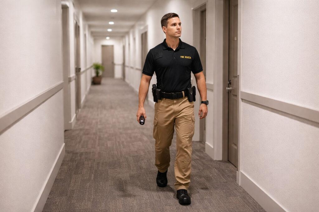 fire watch guard patrolling a clean apartment hallway during a fire system outage