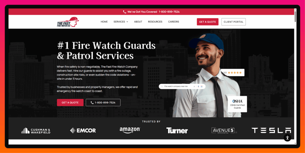 A screenshot of the Fast Fire Watch Guards website homepage
