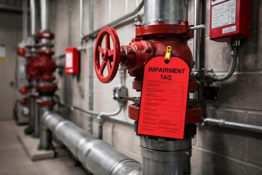 Sprinkler system control valve tagged as impaired inside a commercial building riser room