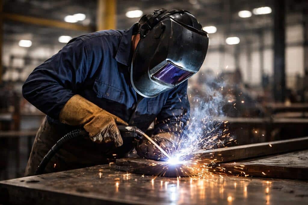 A welder conducting hot work in a factory