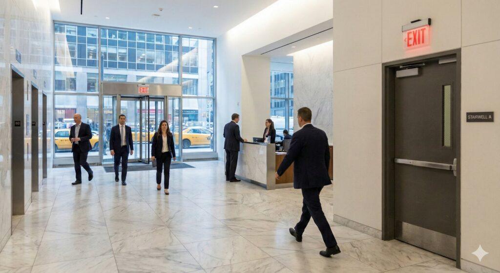 A bustling modern NYC high-rise lobby showing normal foot traffic and clearly marked exit signage over doors and a stairwell.
