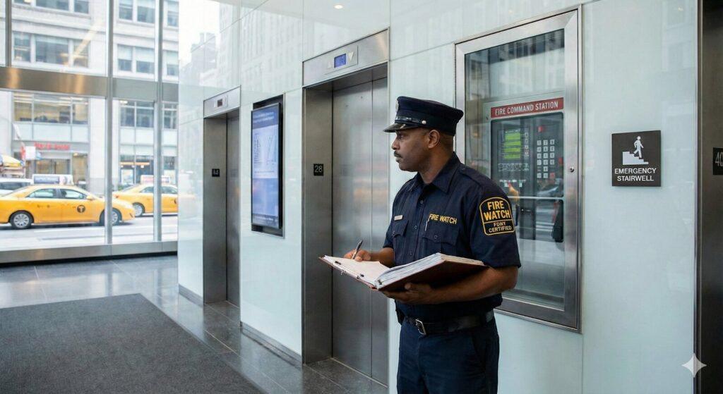 F-01 certified fire watch guard inside NYC commercial building