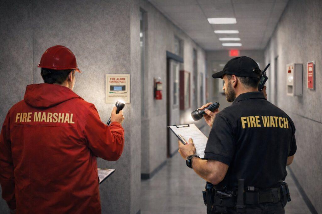 Fire marshal and safety officer reviewing a commercial building interior