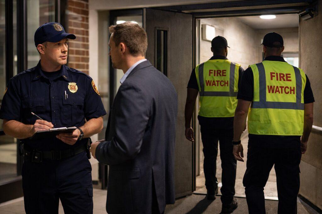 Fire marshal speaking with a property manager while fire watch guards enter a commercial building at night