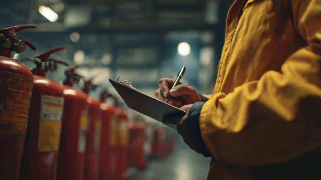 A fire safety inspector documents fire extinguisher checks in an industrial setting