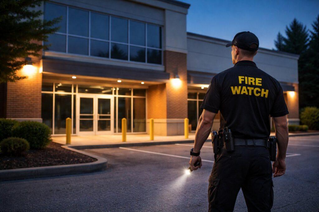 Fire watch guard monitoring a secured vacant commercial building