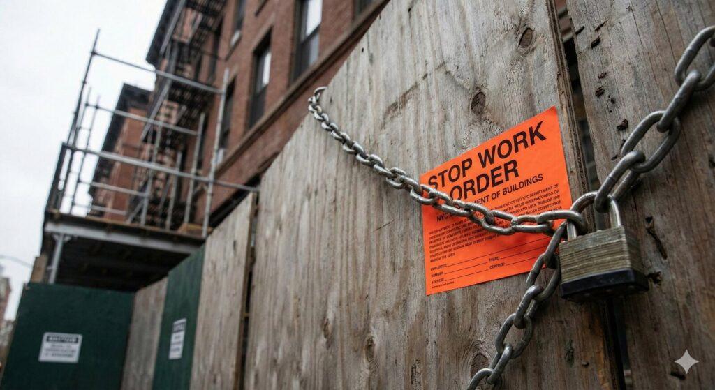 Orange Stop Work Order sticker posted on a chained plywood construction fence.