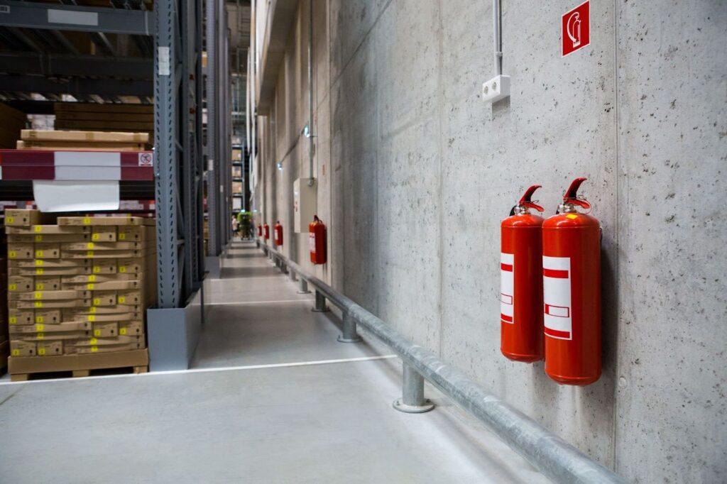 Two fire extinguishers fixed to a warehouse wall