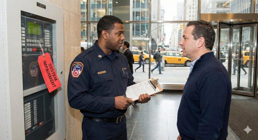 A uniformed fire watch guard discusses safety protocols with a building manager next to a fire alarm panel labeled with a red "System Impairment" tag in a New York City lobby.