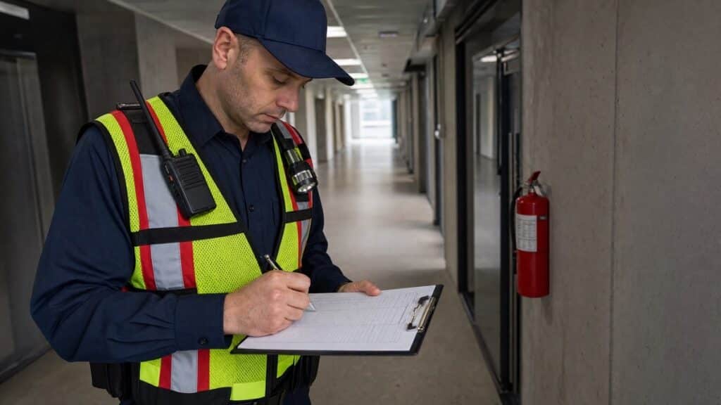 Fire watch guard checking items on a written patrol checklist beside a fire alarm panel