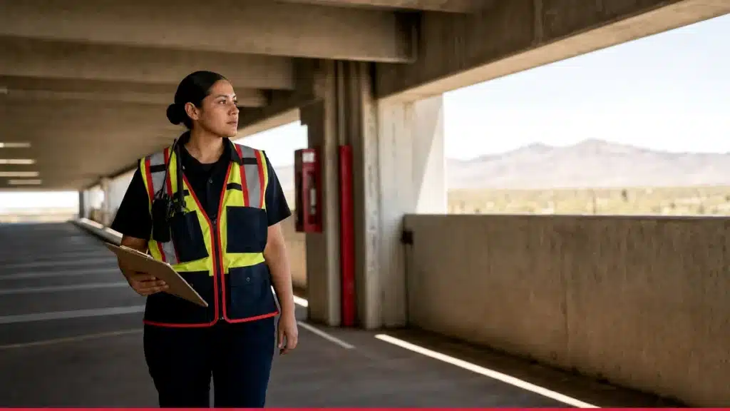 Fire watch guard checking an impairment log at an Arizona commercial property