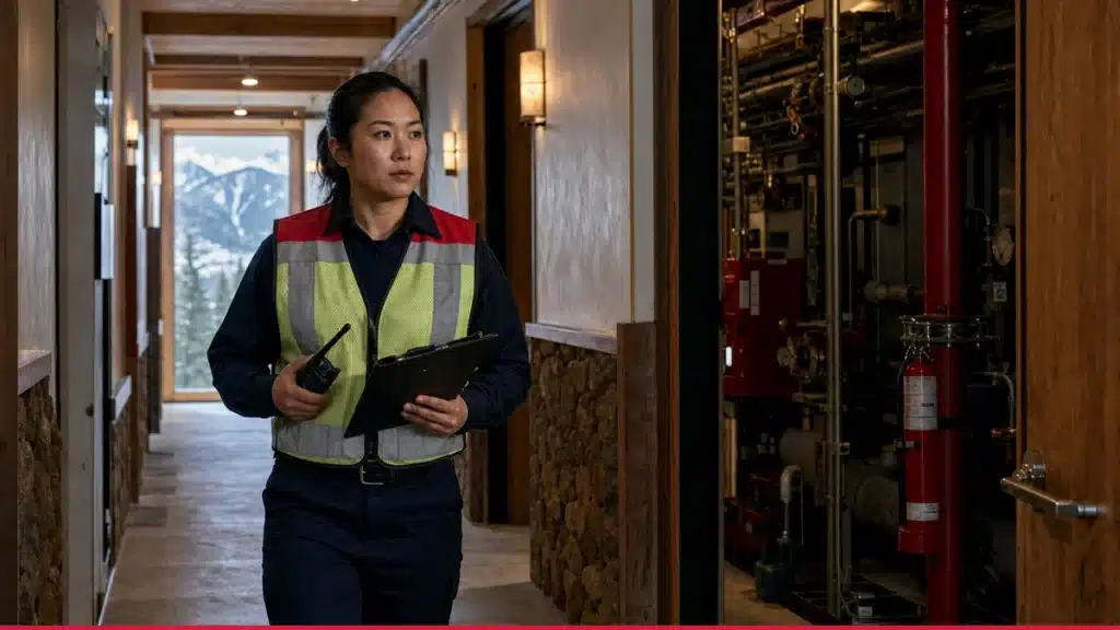 Fire watch guard checking a patrol log during a sprinkler system impairment at a Colorado commercial property