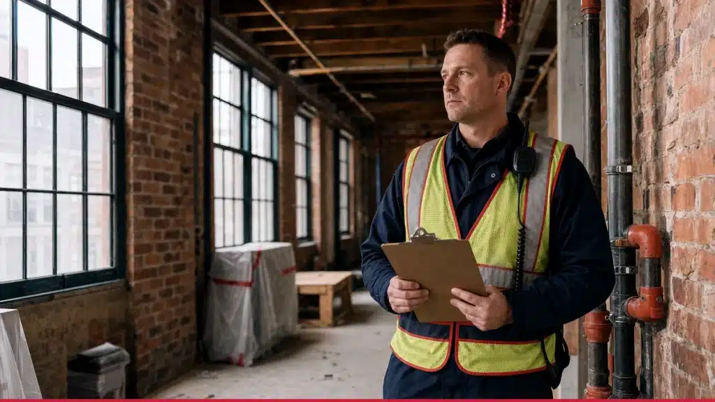 Fire watch guard reviewing an impairment log beside a fire alarm panel in a Connecticut commercial building
