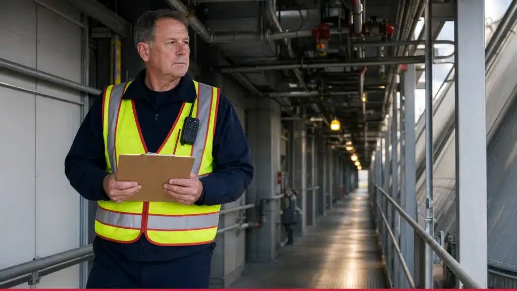 Fire watch guard inspecting an Iowa commercial property during a sprinkler system impairment