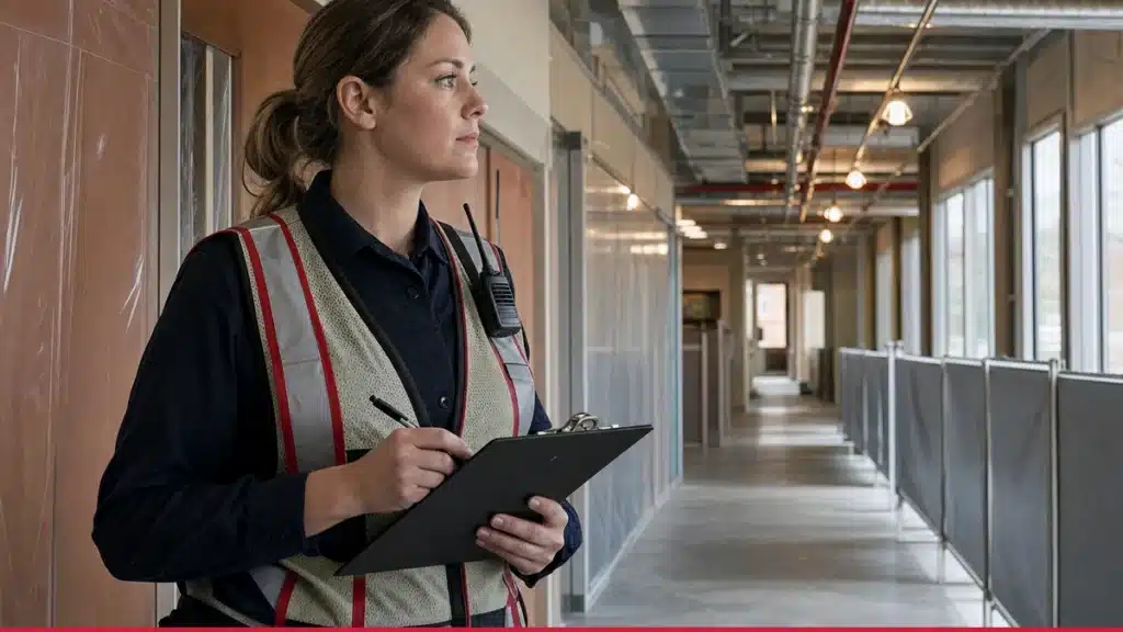 Fire watch guard inspecting a commercial building in Kentucky during a fire protection system impairment
