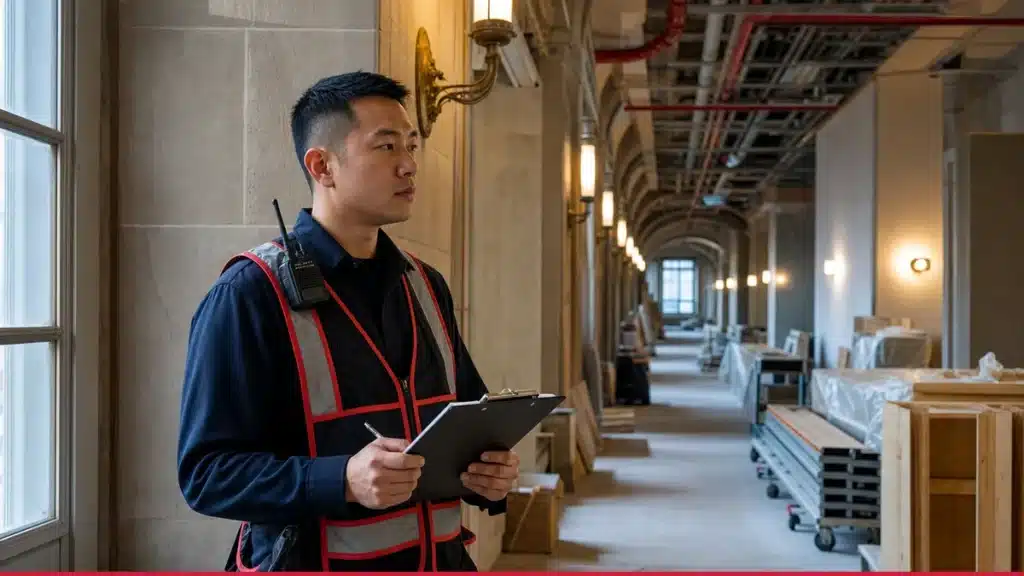 Fire watch guard inspecting a Massachusetts building during a fire protection system impairment