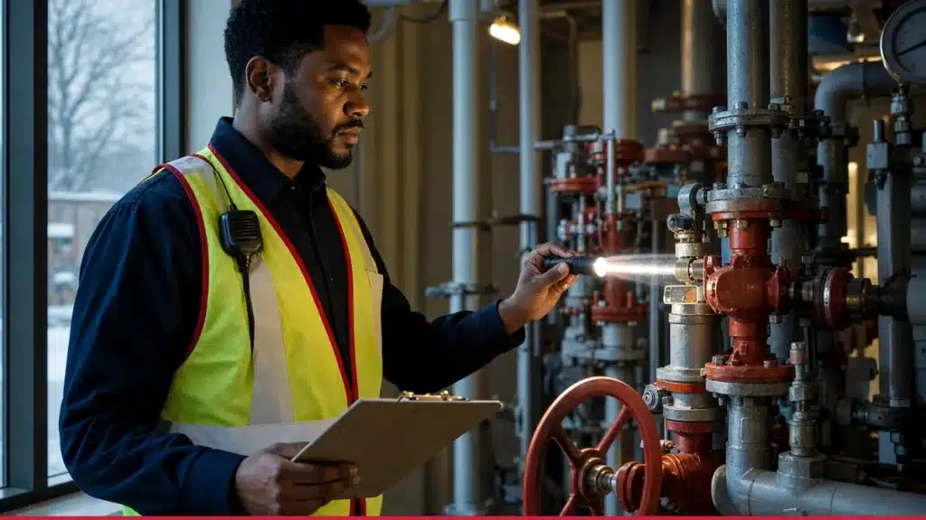 Fire watch guard documenting a sprinkler system impairment at a Minnesota commercial property