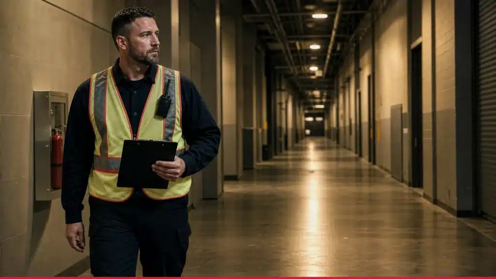 Fire watch guard inspecting a Missouri commercial building during a fire protection system impairment