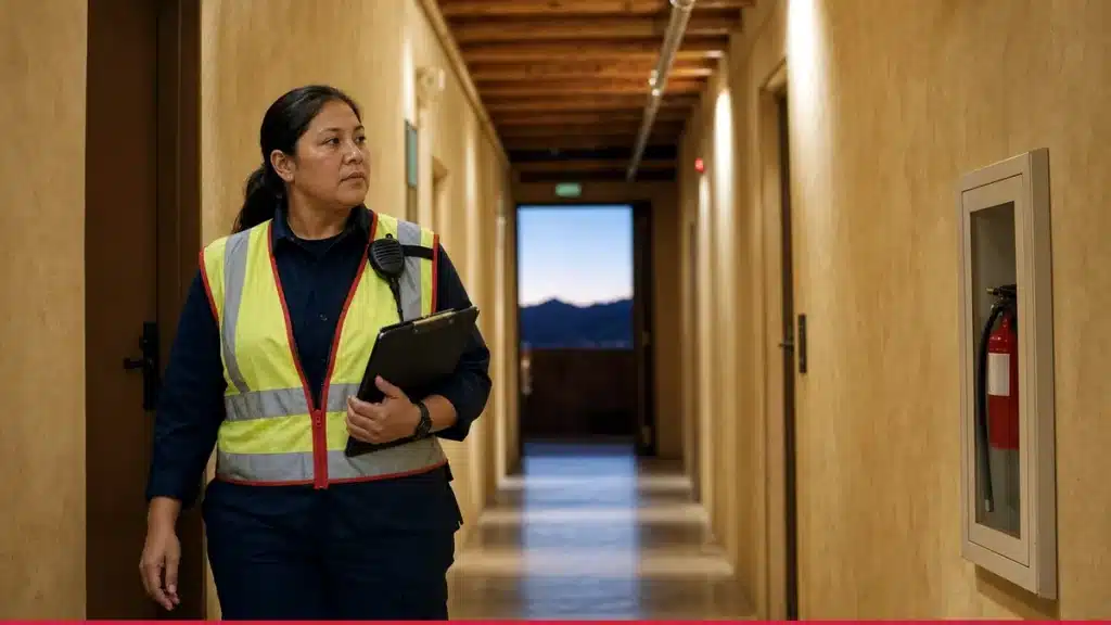 Fire watch guard inspecting an impaired fire protection system at a New Mexico property