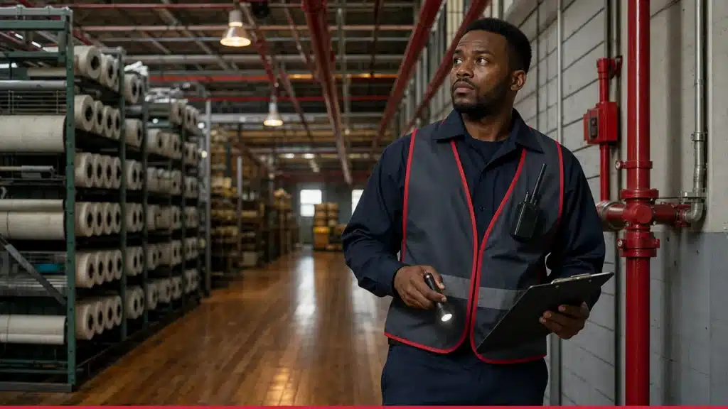 Fire watch guard inspecting an impaired fire protection system at a North Carolina property