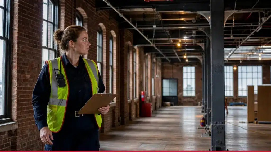 Fire watch guard checking an impairment patrol log at a Pennsylvania commercial property