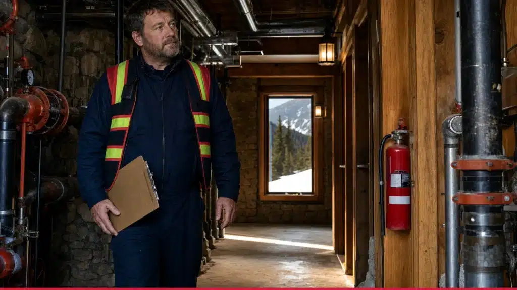 Fire watch guard patrolling a Vermont hotel corridor during a fire alarm impairment