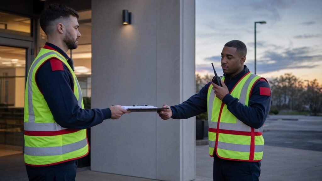 Two fire watch guards beginning a shift handoff with a patrol log and radio at a commercial entrance