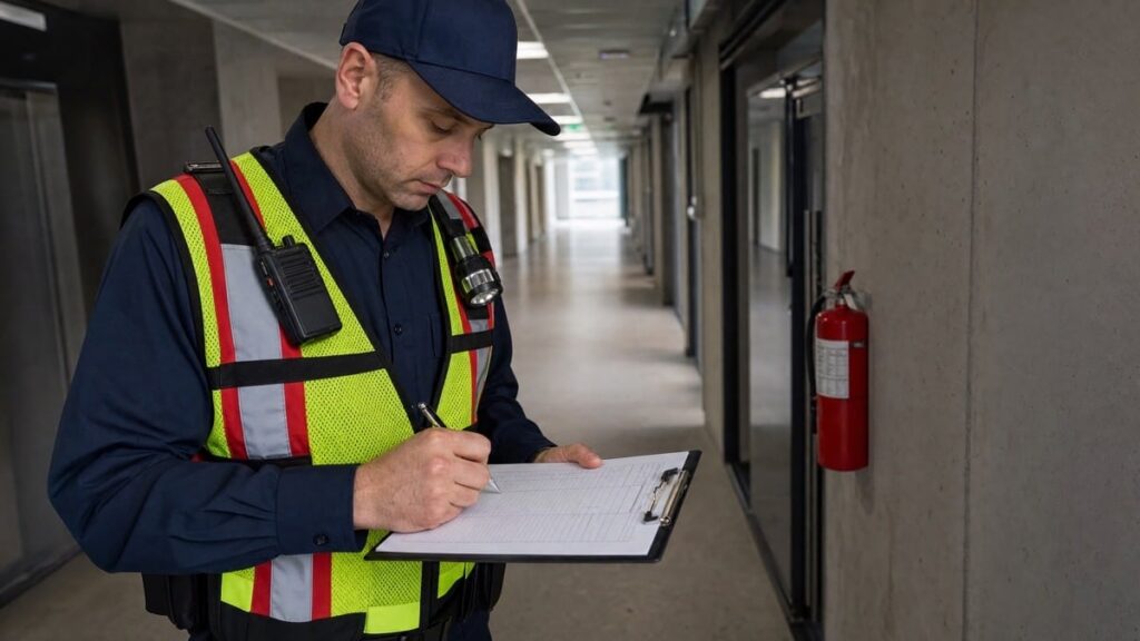 Fire watch guard in hi-vis vest writing in a patrol log next to a fire extinguisher in a commercial corridor