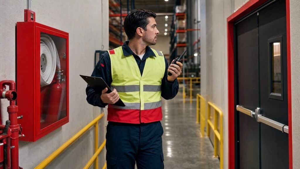 Uniformed fire watch guard checking a fire alarm panel with a patrol log in hand