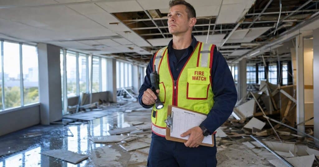 Fire watch guard in hi-vis vest patrolling a fire-damaged office building interior