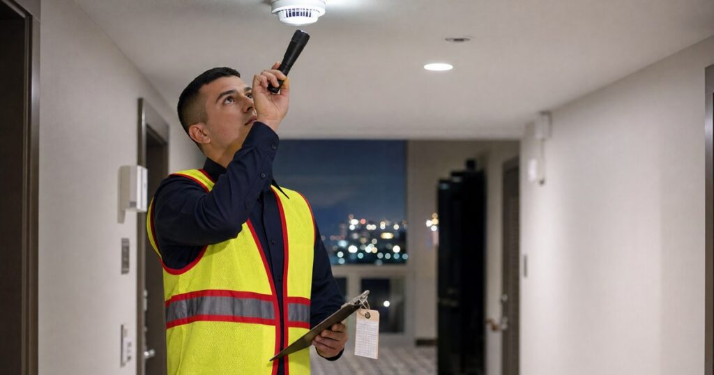 Fire watch guard in hi-vis vest checking a smoke detector in an apartment hallway